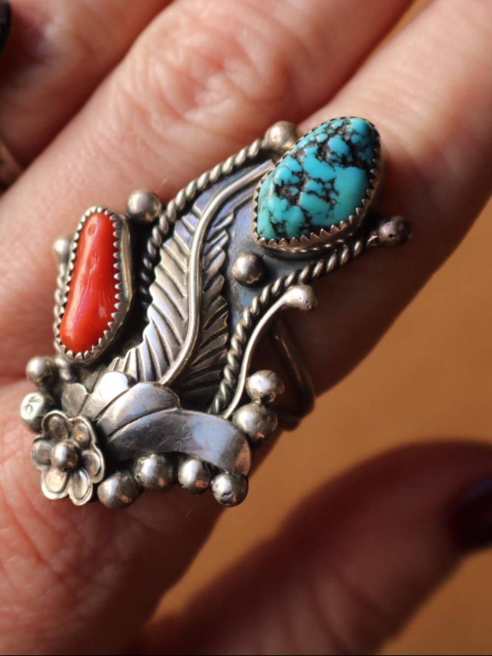 Vintage Navajo Coral 🪸 & Turquoise Sterling Silver Ring, Native, Southwestern